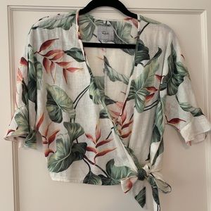 Palm Print Linen Wrap Top